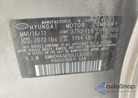 2011 Hyundai Elantra Gls (Ulsan Plant) z USA, uszkodzony, nr VIN KMHDH4AEXBU130581